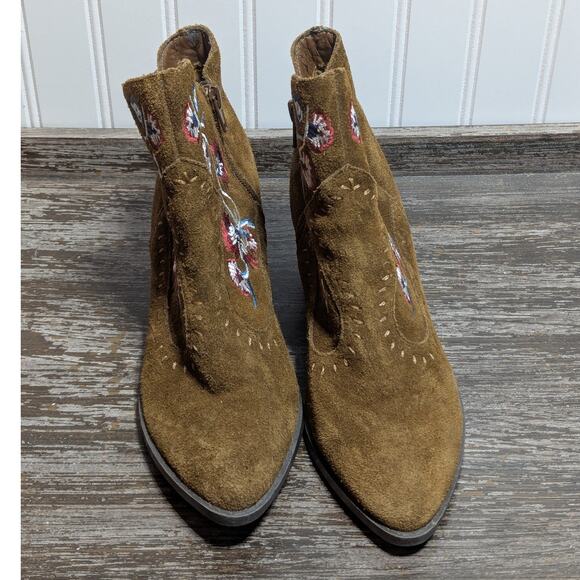 Carlos Women's Brown Embroidered Leather Upper Cowboy Ankle Boots Size 6.5 M - Picture 2 of 7